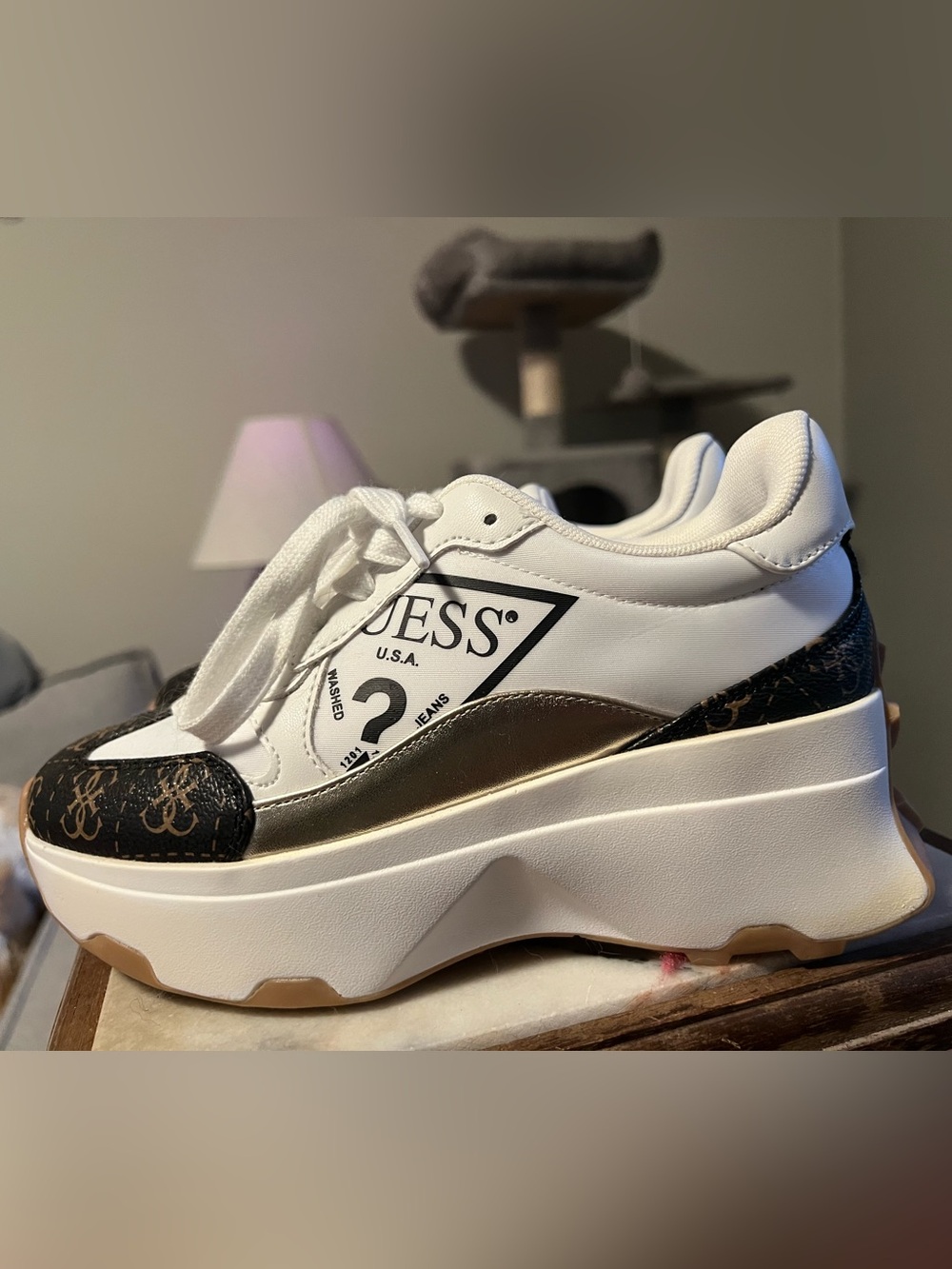 GUESS White, Brown and Tan Platform Logo Sneaker